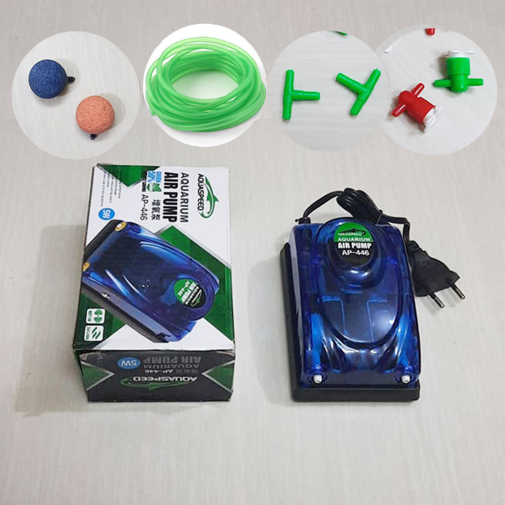 Picture of AQUASPEED (AP-446) Aquarium Air Pump (Double Output) - Fish Tank Oxygen Pump with Air Bubbling Stone Accessories (5 Feet Pipe, 2 Air Bubble Stones, 2 T Connector, 2 Airflow Controller)