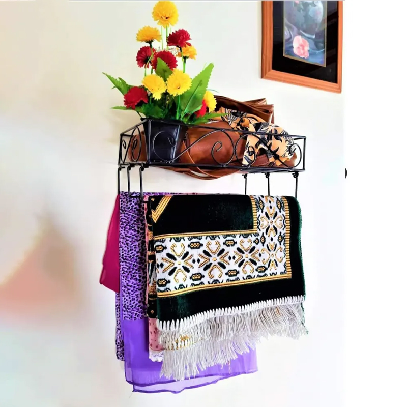 Picture of Elegant Black Metal Wall Mounted Quran Stand and Jaynamaz Shelf – Features 3 Jaynamaz Hangers – Perfect for Quran Sharif Display and Prayer Needs – Sturdy and Practical Design for Home or Mosque – Quran Sharif Rack.