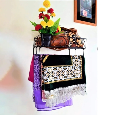 Picture of Elegant Black Metal Wall Mounted Quran Stand and Jaynamaz Shelf – Features 3 Jaynamaz Hangers – Perfect for Quran Sharif Display and Prayer Needs – Sturdy and Practical Design for Home or Mosque – Quran Sharif Rack.