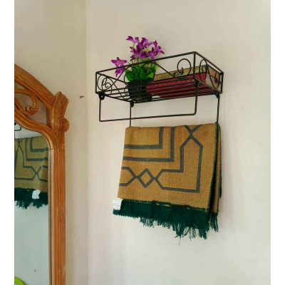 Picture of Elegant Black Metal Wall Mounted Quran Stand and Jaynamaz Shelf – Features 3 Jaynamaz Hangers – Perfect for Quran Sharif Display and Prayer Needs – Sturdy and Practical Design for Home or Mosque – Quran Sharif Rack.