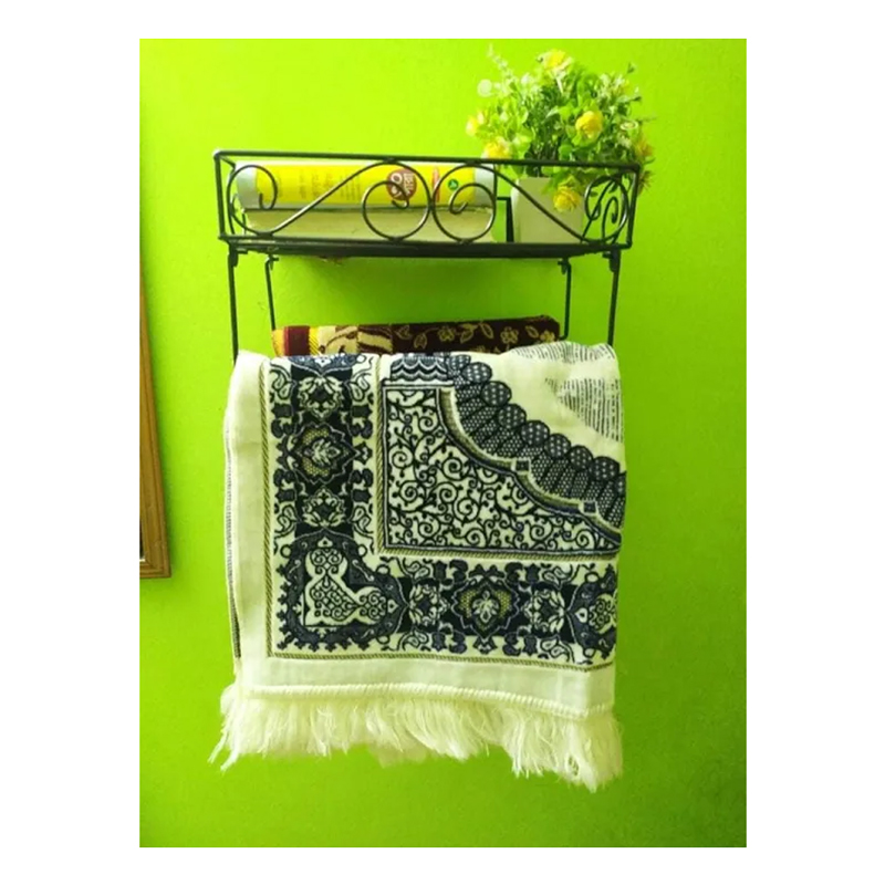 Picture of Elegant Black Metal Wall Mounted Quran Stand and Jaynamaz Shelf – Features 3 Jaynamaz Hangers – Perfect for Quran Sharif Display and Prayer Needs – Sturdy and Practical Design for Home or Mosque – Quran Sharif Rack.