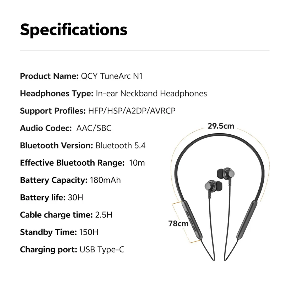 Picture of QCY TuneArc N1 Neckband Sports Headphones with ENC Support for HD Call. Fast Charging and Dual Device Support Neckband Earphone