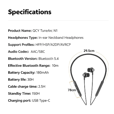 Picture of QCY TuneArc N1 Neckband Sports Headphones with ENC Support for HD Call. Fast Charging and Dual Device Support Neckband Earphone