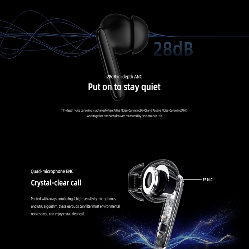 Picture of QCY T13 ANC 2 TWS Earphones 2nd Generation 4 Mic 28dB ANC Up to 30 hours Playtime with ANC off BT 5.3 68ms Gaming Mode IPX5 Waterproof 10mm Dynamic Driver Wireless Bluetooth Earbuds