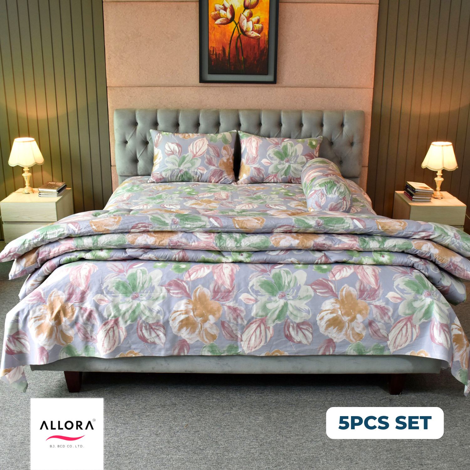 Allora Watercolour Flora Comforter Bedding Set – Grey Purple (5Pcs) ALLORA BDonline shop bangladeshothoba.com