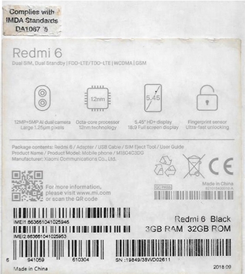 Picture of Main Motherboard Unlocked for Xiaomi Redmi 6 With IMEI Match Box