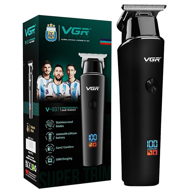 Picture of VGR V-937 Professional Corded & Cordless Hair Trimmer for Men, 500min Runtime, 2000mAh Lithium Battery, Low Noise, LED Display, USB Type-C Fast Charging, Beard & Body Groomer, Black