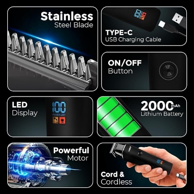 Picture of VGR V-937 Professional Corded & Cordless Hair Trimmer for Men, 500min Runtime, 2000mAh Lithium Battery, Low Noise, LED Display, USB Type-C Fast Charging, Beard & Body Groomer, Black