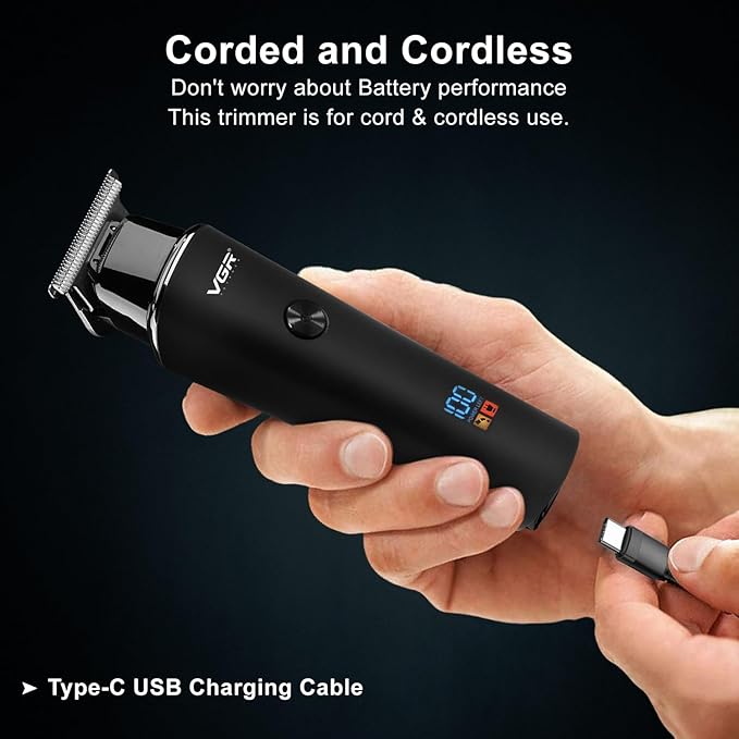 Picture of VGR V-937 Professional Corded & Cordless Hair Trimmer for Men, 500min Runtime, 2000mAh Lithium Battery, Low Noise, LED Display, USB Type-C Fast Charging, Beard & Body Groomer, Black