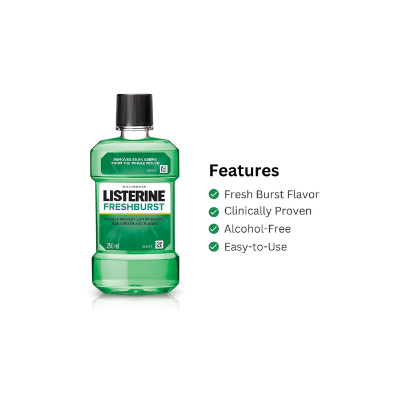 Picture of International European Product Listerine Fresh Burst Mouthwash Liquid, for fresh breath, Removes 99.9% Germs, 250ml