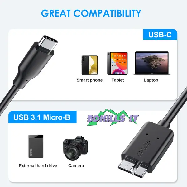 Picture of Portable HDD Data Cable 10 GBPS ThunderBolt Cable Micro B to Type C