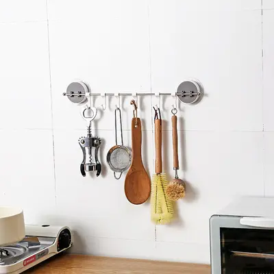 Picture of 6 Hooks Kitchen Wall Mounted Stainless Steel Cupboard Bathroom Utensil No Drill Hanging Rack Holder J-type Hook