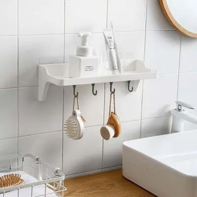 Picture of Adhesive Bathroom Shower Caddy No Drilling Installation 6.6 Lbs Bearing Weight Bathroom Shelf Kitchen Holder for Soap Shampoo Shower Gel Towels Hanger