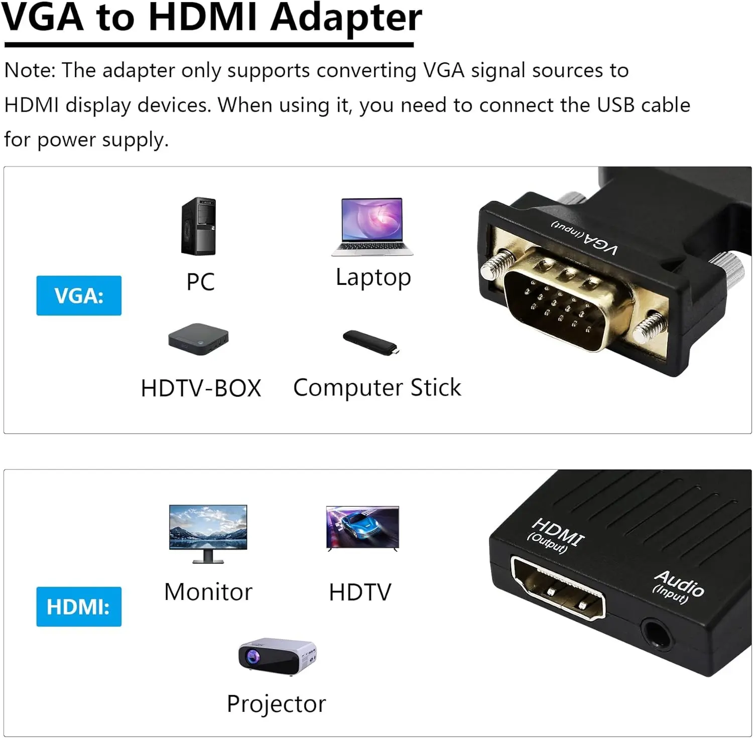 Picture of VGA to HDMI Converter Adapter with Audio – 1080p Converter for PC, Laptop, Projector, Monitor