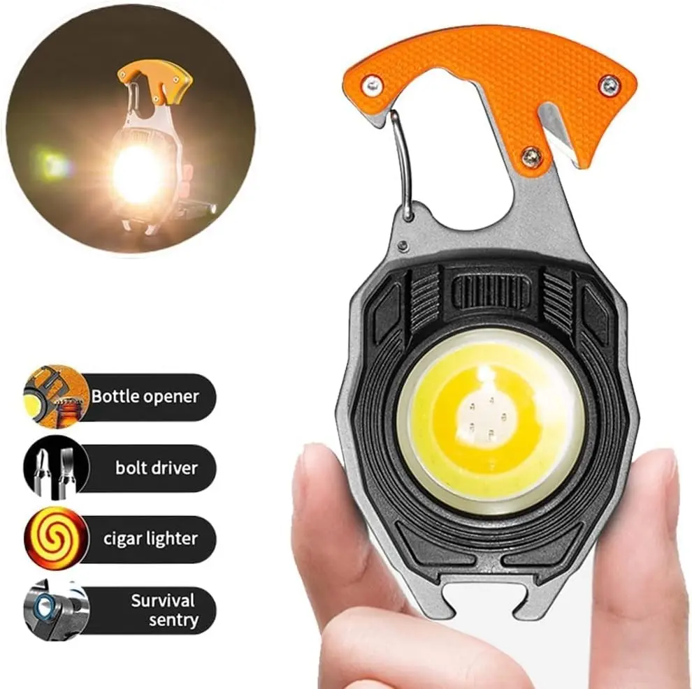 Picture of COB LED Keychain Flashlight, 800 Lumens Rechargeable Torch with 7 Modes, Built-in Lighter, Screwdriver, Whistle & Bottle Opener – Emergency Outdoor Camping Light