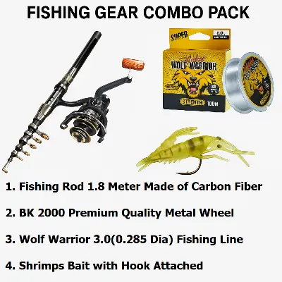 Picture of Fishing Combo Pack – 1.8M Telescopic Rod + BK 2000 Metal Reel + Wolf Warriors 3.0 Fishing Line + Shrimp Bait Hook Se