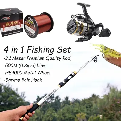 Picture of Fishing Combo Pack – 2.1M Telescopic Rod + HE4000 Metal Reel + 500M Fishing Line + Shrimp Bait Hook Se