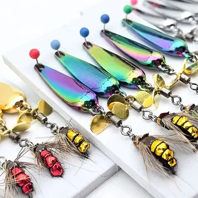 Picture of 5 pcs 10g Spoon Lure for Fishing - Modified Moth Sequins Fly Sequins Hanging Propeller Fly Hook Poisonous Mosquito Hook Remote Lure Fly Bait Fly Bait
