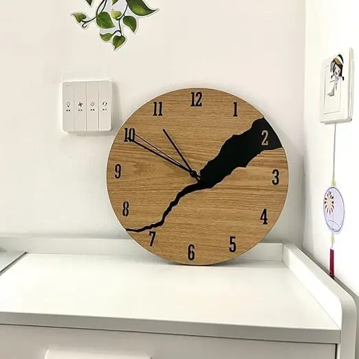 Picture of 11 Inch Wall Clock, Wood Material Silent Clocks, Battery Power Brown Color Round Clock Unique Design with an Analog Clock and Clack Crackfor Living Room, Bedroom, Office, Dining Room