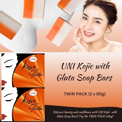 Picture of Kojic Gluta with Papaya permanent whitening face and body soap for instant result of popular Philippine's Uni brand 90 gm, Whitening, Lightening, Instant whitening, tan removal, pigmentation reducing soap bar