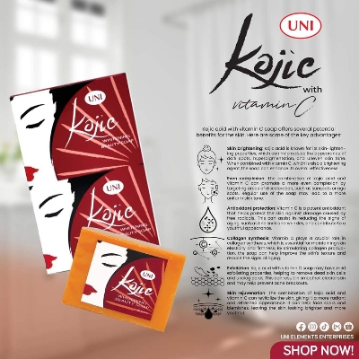 Picture of Kojic Whitening Soap with Vitamin C permanent whitening (Men & Women) face and body soap for instant result of popular Philippine's Uni brand 90 gm,  Lightening, Instant whitening, tan removal, pigmentation reducing soap bar