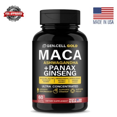 Picture of GEN.CELL GOLD MACA ASHWAGANDHA PANAX GINSENG Maca Root 6,000mg + ASHWAGANDHA 4000mg + Korean Panax Ginseng 1,400mg - 20x Concentrated Extract Black + Red + Yellow Maca Root, 10x Concentrated Extract Panax Ginseng Capsules - Ultra Potent & Highly Purified