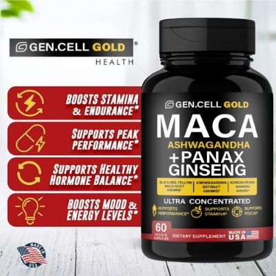 Picture of GEN.CELL GOLD MACA ASHWAGANDHA PANAX GINSENG Maca Root 6,000mg + ASHWAGANDHA 4000mg + Korean Panax Ginseng 1,400mg - 20x Concentrated Extract Black + Red + Yellow Maca Root, 10x Concentrated Extract Panax Ginseng Capsules - Ultra Potent & Highly Purified