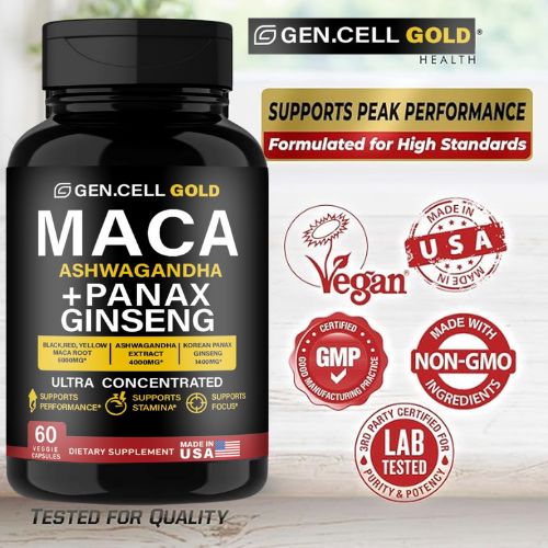 Picture of GEN.CELL GOLD MACA ASHWAGANDHA PANAX GINSENG Maca Root 6,000mg + ASHWAGANDHA 4000mg + Korean Panax Ginseng 1,400mg - 20x Concentrated Extract Black + Red + Yellow Maca Root, 10x Concentrated Extract Panax Ginseng Capsules - Ultra Potent & Highly Purified