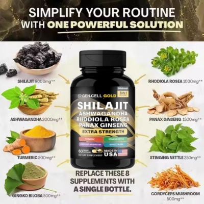 Picture of GEN.CELL 8-In-1 Shilajit Pure Himalayan Organic Supplement 9000MG with Rhodiola Rosea 1000MG, Ashwagandha 2000MG, Ginseng, Gingko Biloba, Turmeric, Cordyceps Mushroom, Stinging Nettle for Full Body Power