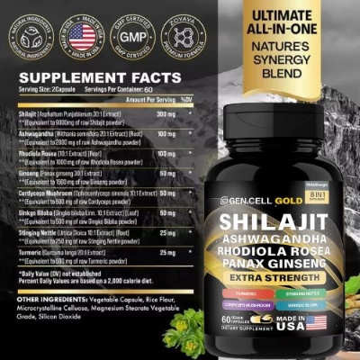 Picture of GEN.CELL 8-In-1 Shilajit Pure Himalayan Organic Supplement 9000MG with Rhodiola Rosea 1000MG, Ashwagandha 2000MG, Ginseng, Gingko Biloba, Turmeric, Cordyceps Mushroom, Stinging Nettle for Full Body Power