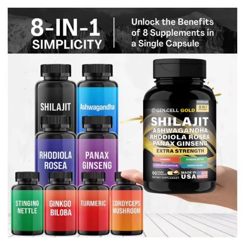Picture of GEN.CELL 8-In-1 Shilajit Pure Himalayan Organic Supplement 9000MG with Rhodiola Rosea 1000MG, Ashwagandha 2000MG, Ginseng, Gingko Biloba, Turmeric, Cordyceps Mushroom, Stinging Nettle for Full Body Power