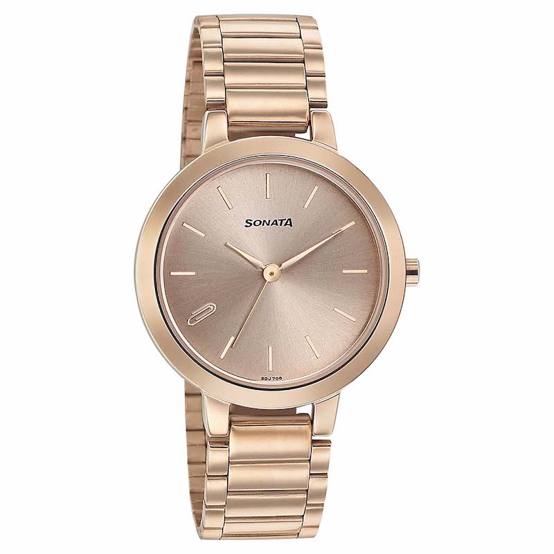 Picture of Sonata Maroon Round Dial Rose Gold Strap Watch For Ladies