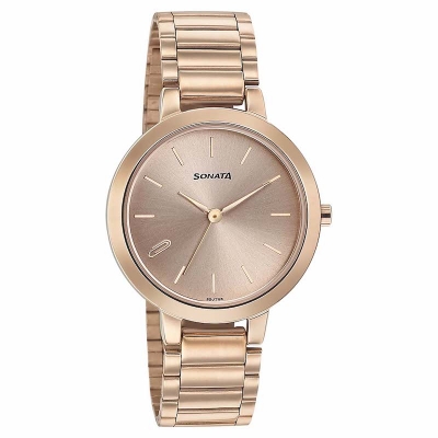 Picture of Sonata Maroon Round Dial Rose Gold Strap Watch For Ladies