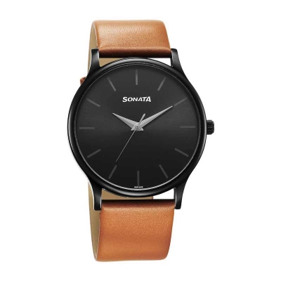 Picture of Sonata Black Round Dial Brown Strap Watch For Gents