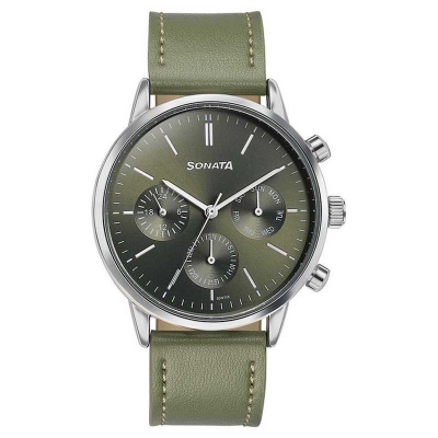Picture of Sonata Green Round Dial Beige Strap Watch For Gents