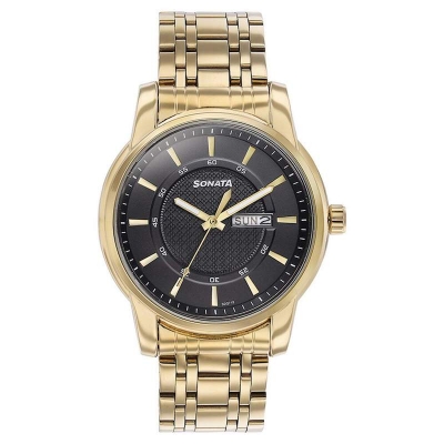 Picture of Sonata Quartz Analog with Day and Date Green Dial Golden Stainless Steel Strap Watch For Men