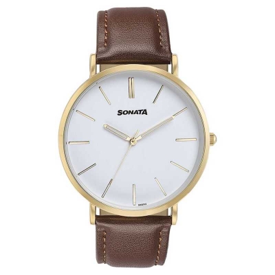 Picture of Sonata Quartz Multifunction White Dial Golden Stainless Steel Strap Watch For Men