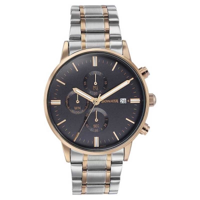 Picture of Sonata Quartz Multifunction Black Dial Two Toned Stainless Steel Strap Watch For Men