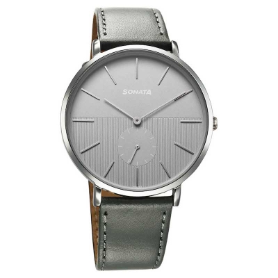 Picture of Sonata Quartz Analog Silver Dial Black Leather Strap Watch For Men