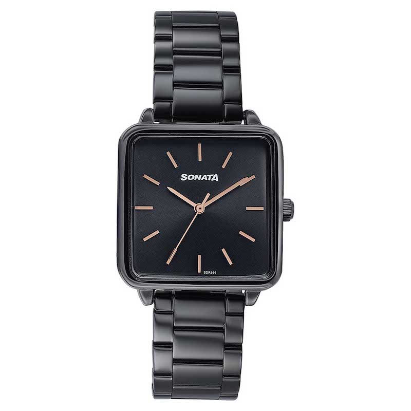 Picture of Sonata Black Rectangle Dial Black Strap Watch For Ladies