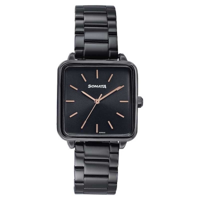 Picture of Sonata Black Rectangle Dial Black Strap Watch For Ladies