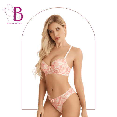 Picture of Women's Pink Camouflage Lingerie Set – Push Up Underwire Bra & Hipster Panty – Sexy 2-Piece Printed Underwear Set