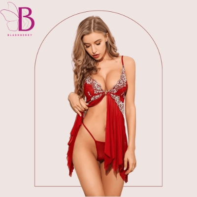 Picture of Lingerie for Women Lace Baby doll Sexy Chemise V Neck Mesh Sleepwear Stitching Irregular Suspender Nightdress