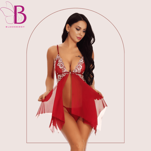 Picture of Lingerie for Women Lace Baby doll Sexy Chemise V Neck Mesh Sleepwear Stitching Irregular Suspender Nightdress