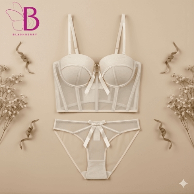 Picture of French Women Sexy Push Up Mesh Corset Transparent Soft Lace Bra Set Night Club Sweet Cropped Top Girls Bra and Panties Underwea