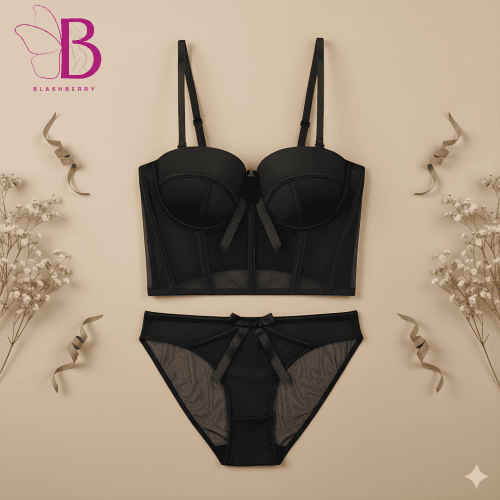 Picture of French Women Sexy Push Up Mesh Corset Transparent Soft Lace Bra Set Night Club Sweet Cropped Top Girls Bra and Panties Underwea