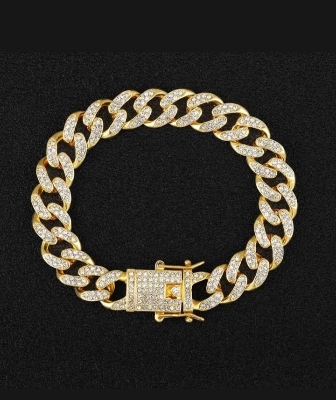 Picture of New style Men Cuban Link Chain Bracelet Shiny Rhinestone Inlaid Bangle Jewelry-Gold