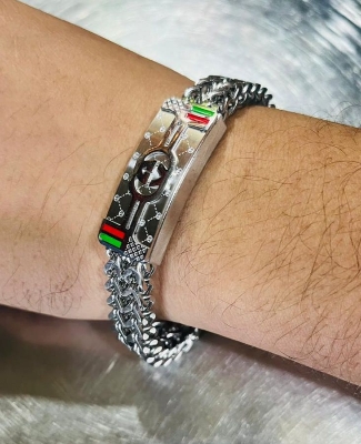 Picture of china ss steel New style Men Cuban Link Chain Bracelet Shiny Rhinestone Inlaid Bangle Jewelry-Grey,16 CM