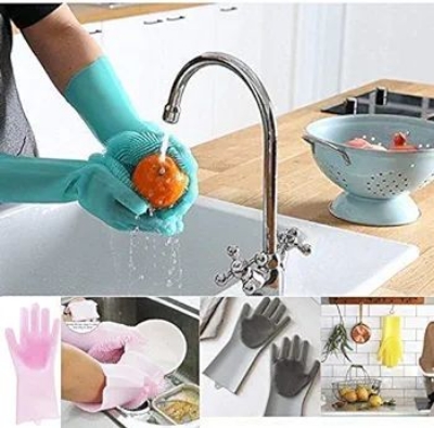 Picture of Portible Magic Silicone Scrub Cleaning Hand Gloves for Dish washing, Car Washing, Bathroom and Pet Grooming, Latex Free (Multicolour, 1 Pair)-Multicolor