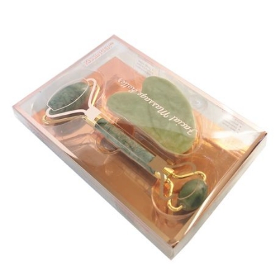 Picture of 2pcs Green natural stone jade massage spa roller, Double Head Facial Roller, Gua Sha Set, Jade Facial Roller Massager, Anti Aging Jade roller Therapy 100% Natural jade facial roller, Guasha Board SPA Scraper Stone Facial Massager Set